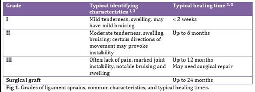 Table of ligament injury grades